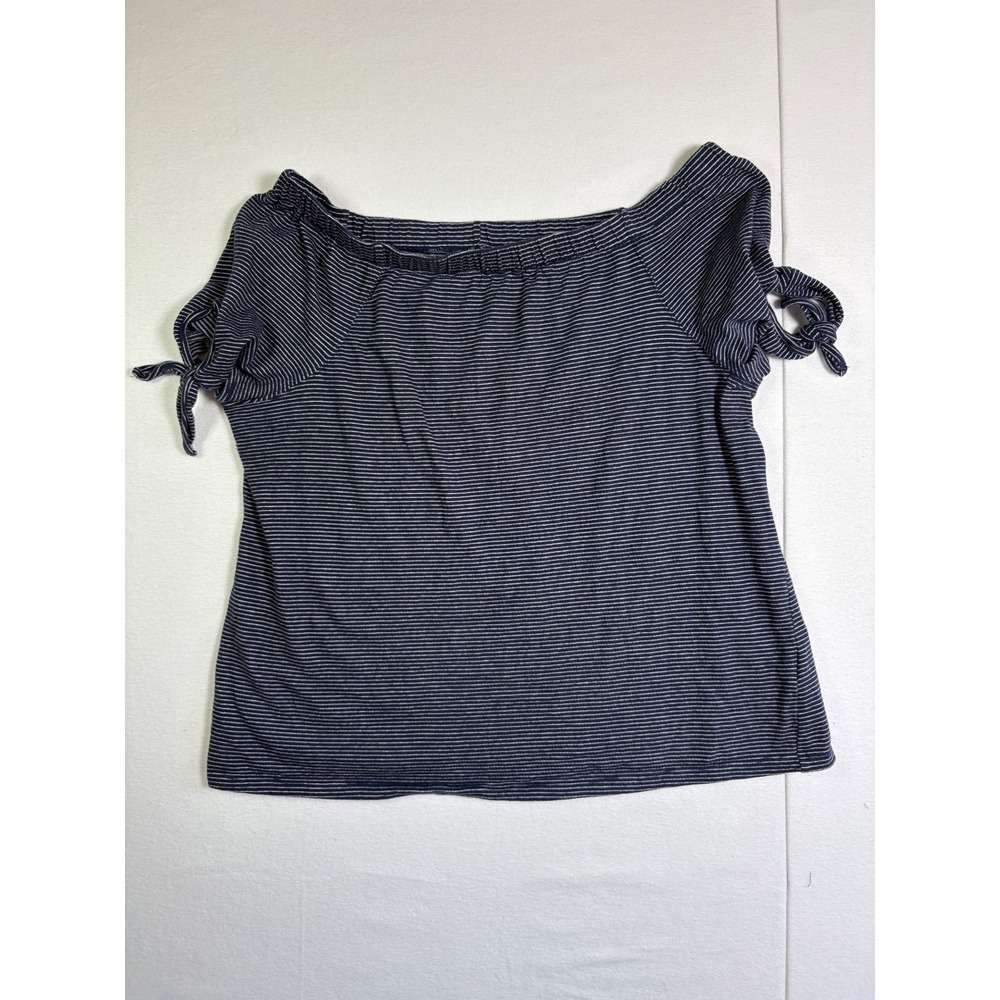 Basic Editions Womens Navy Blue Striped Off Shoulder Tie Sleeve Top Large L